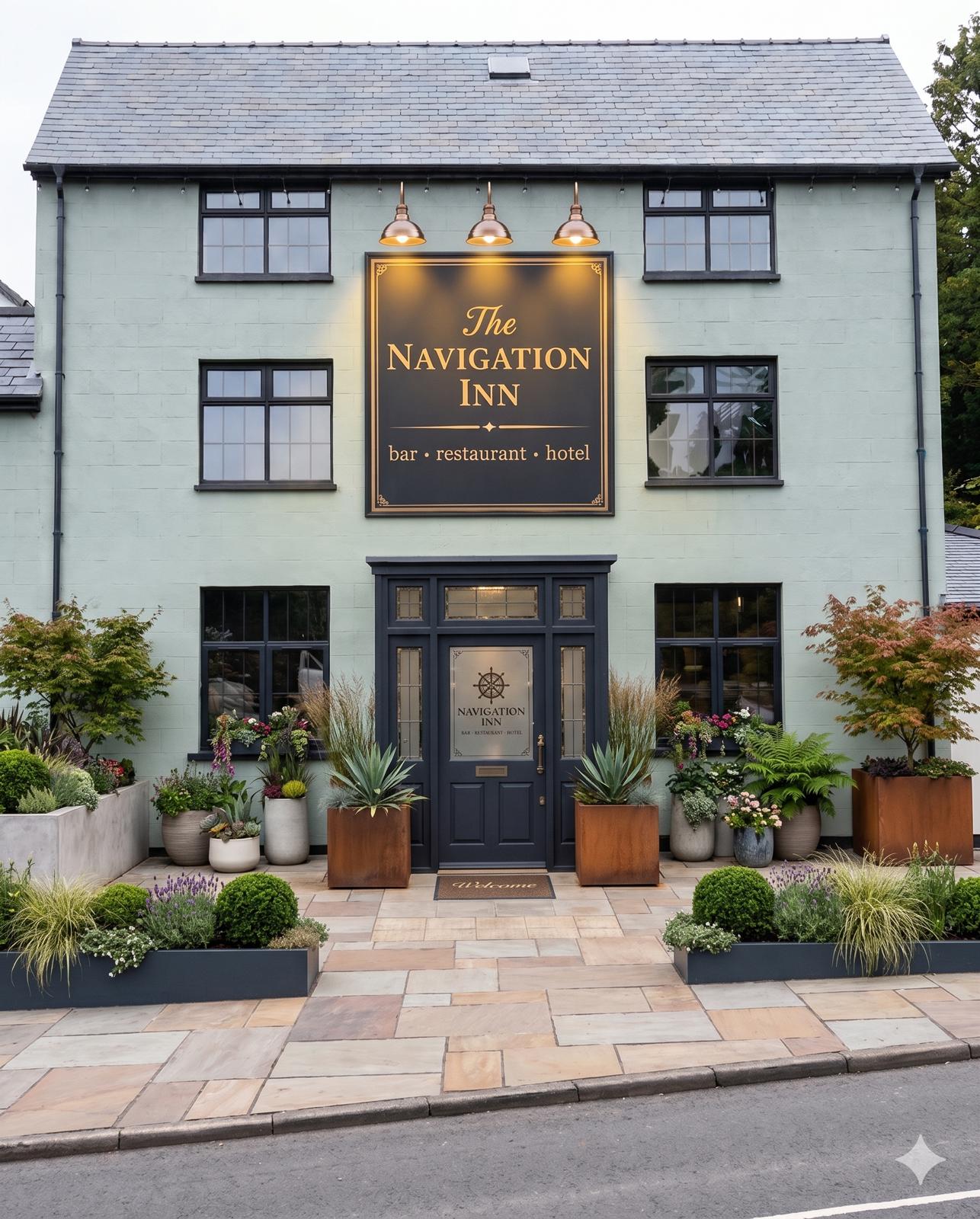 The Navigation Inn at dusk, sage green walls and brass lanterns
